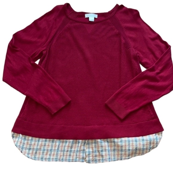 Christopher and Banks women’s woven maroon top with plaid faux under shirt - Picture 1 of 7